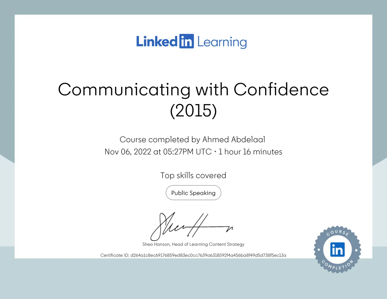 Communicating with Confidence (2015) certificate issued by LinkedIn Learning