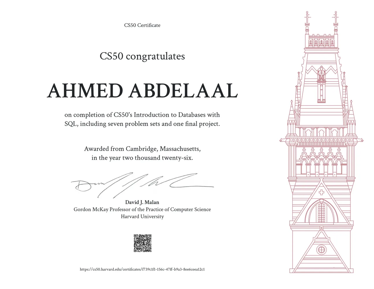 CS50's Introduction to Databases with SQL certificate preview