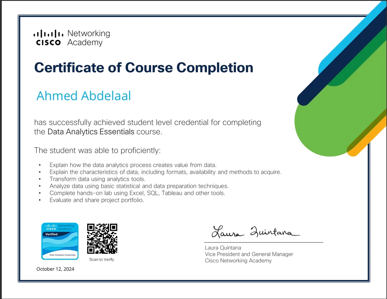 Data Analytics Essentials certificate preview