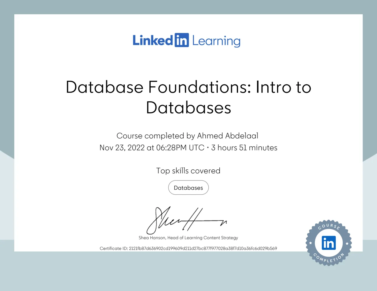 Database Foundations: Intro to Databases certificate issued by LinkedIn Learning