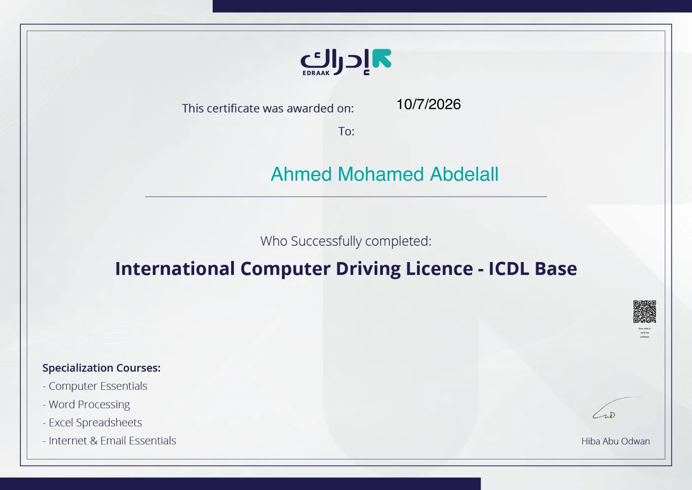 ICDL Base - Certificate (English) certificate preview